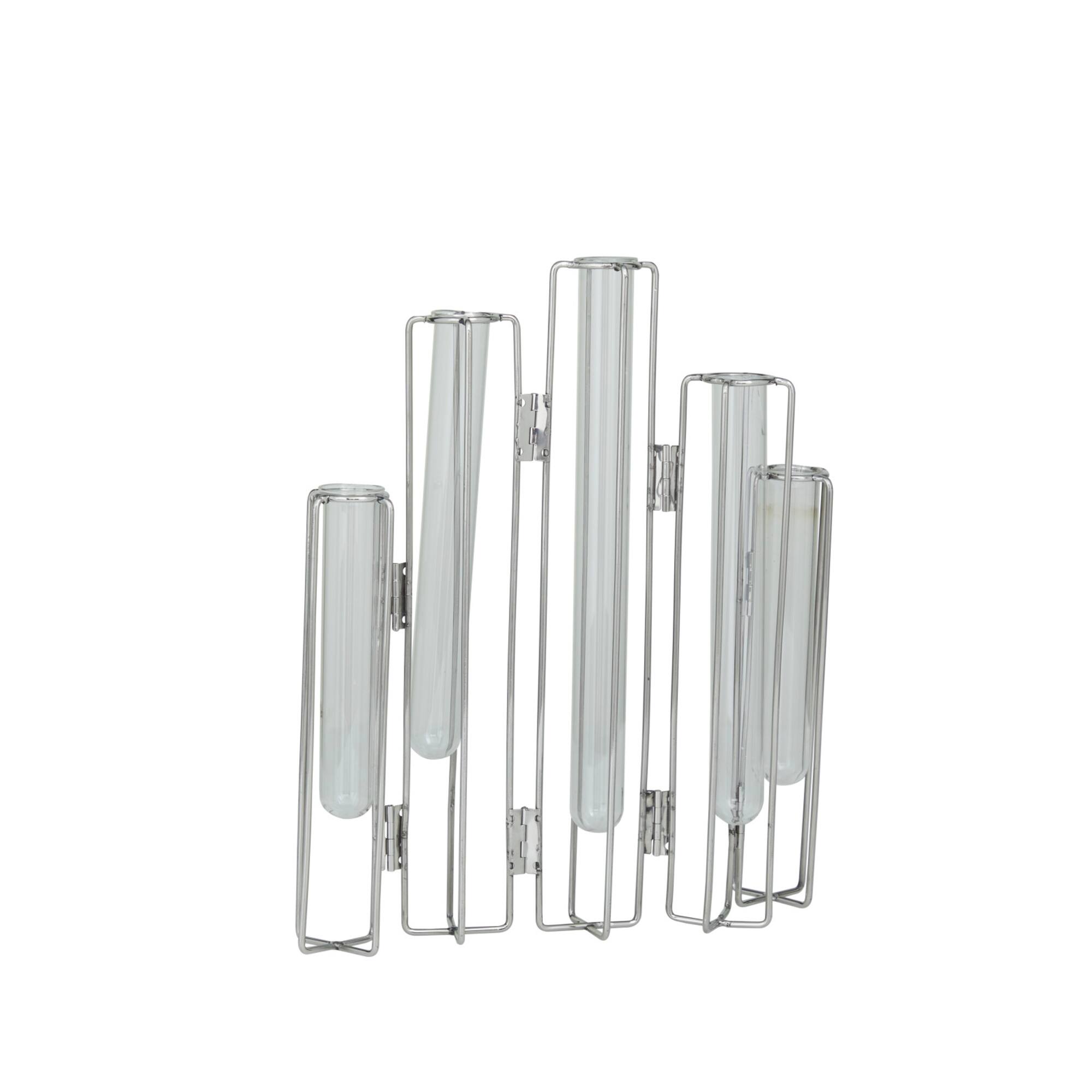 Silver Glass Tube Vase with Metal Stand 11" x 2" x 12"